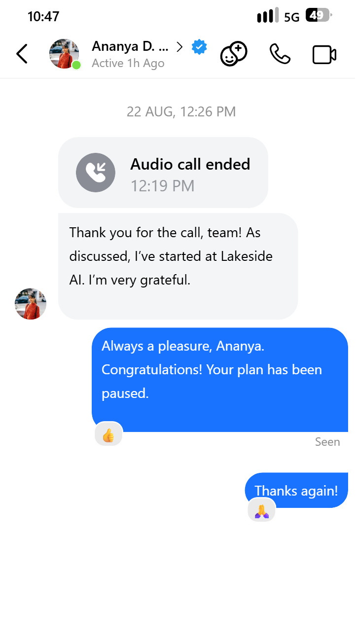 Ananya D. testimonial on Messenger