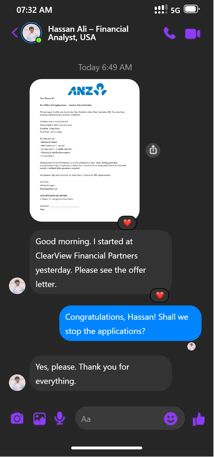 Hassan Ali testimonial on Messenger