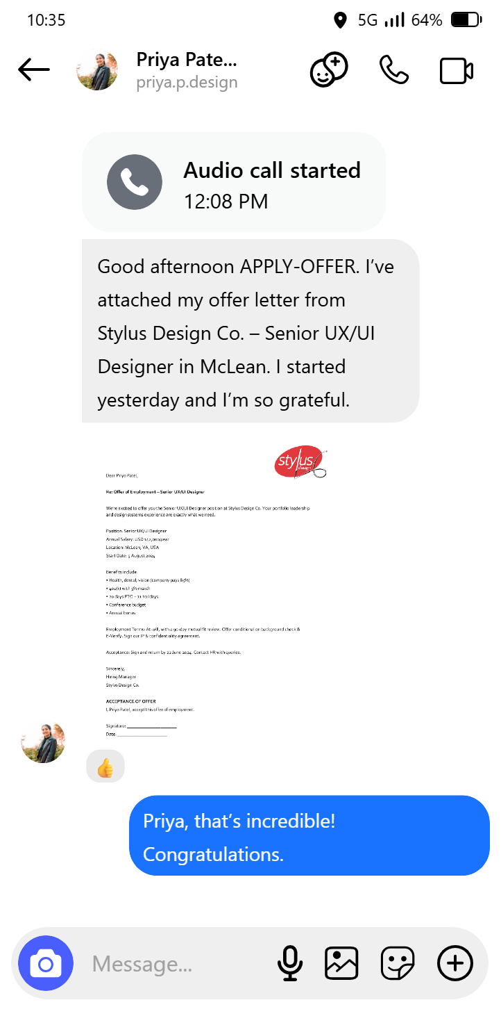 Priya testimonial on Messenger