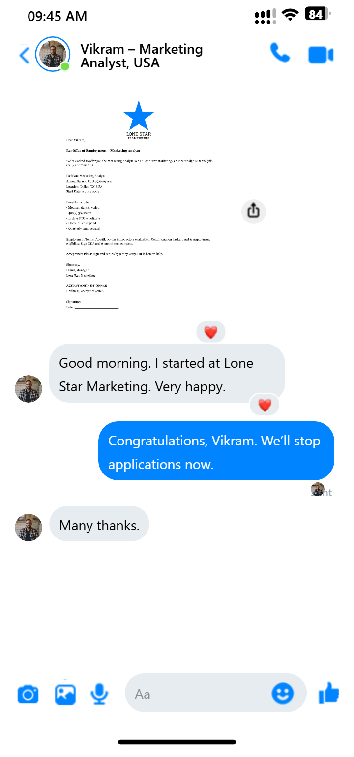 Vikram testimonial on Messenger