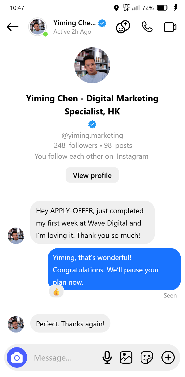 Yiming Chen testimonial on Messenger