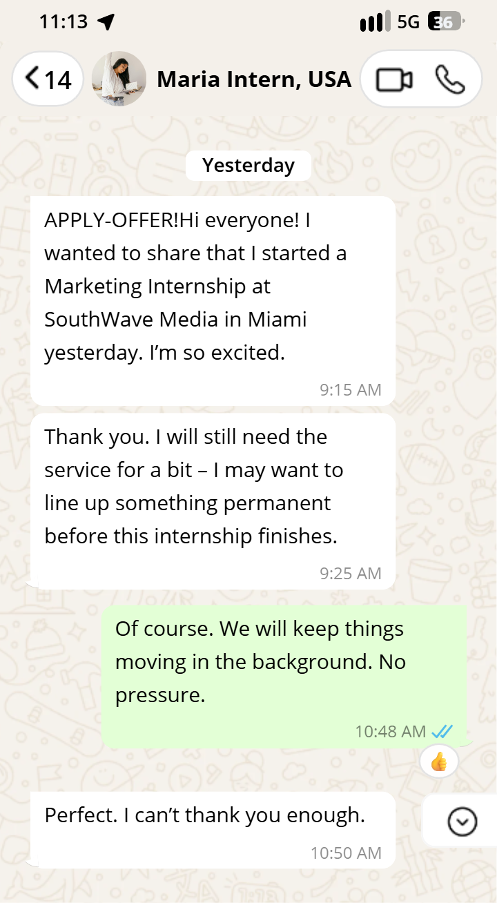 Maria testimonial on WhatsApp