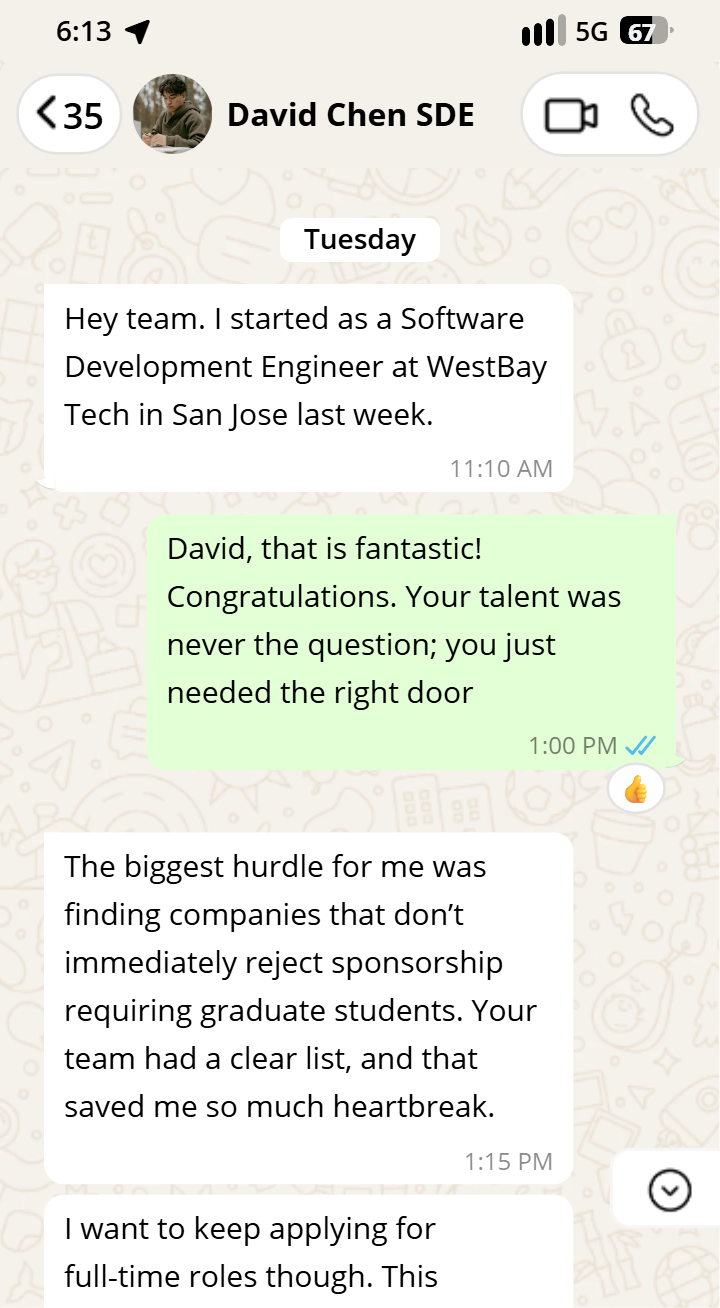 David Chen testimonial on WhatsApp