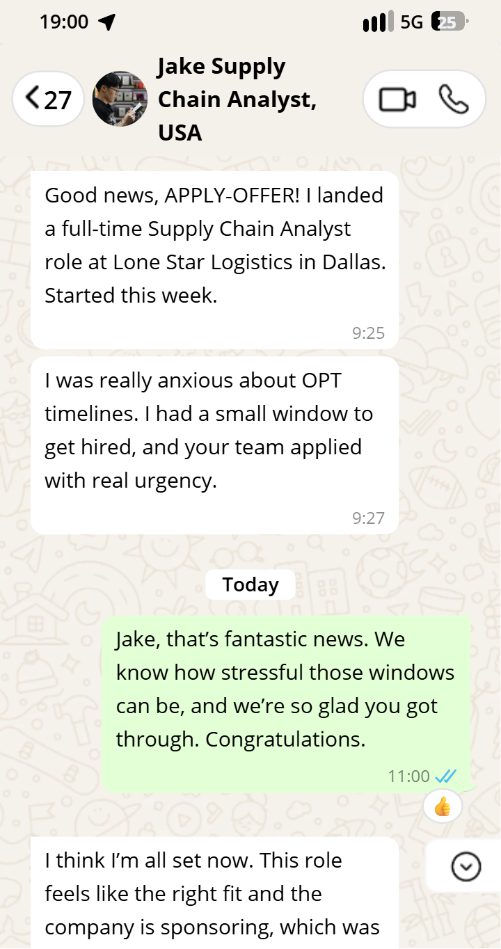 Jake testimonial on WhatsApp