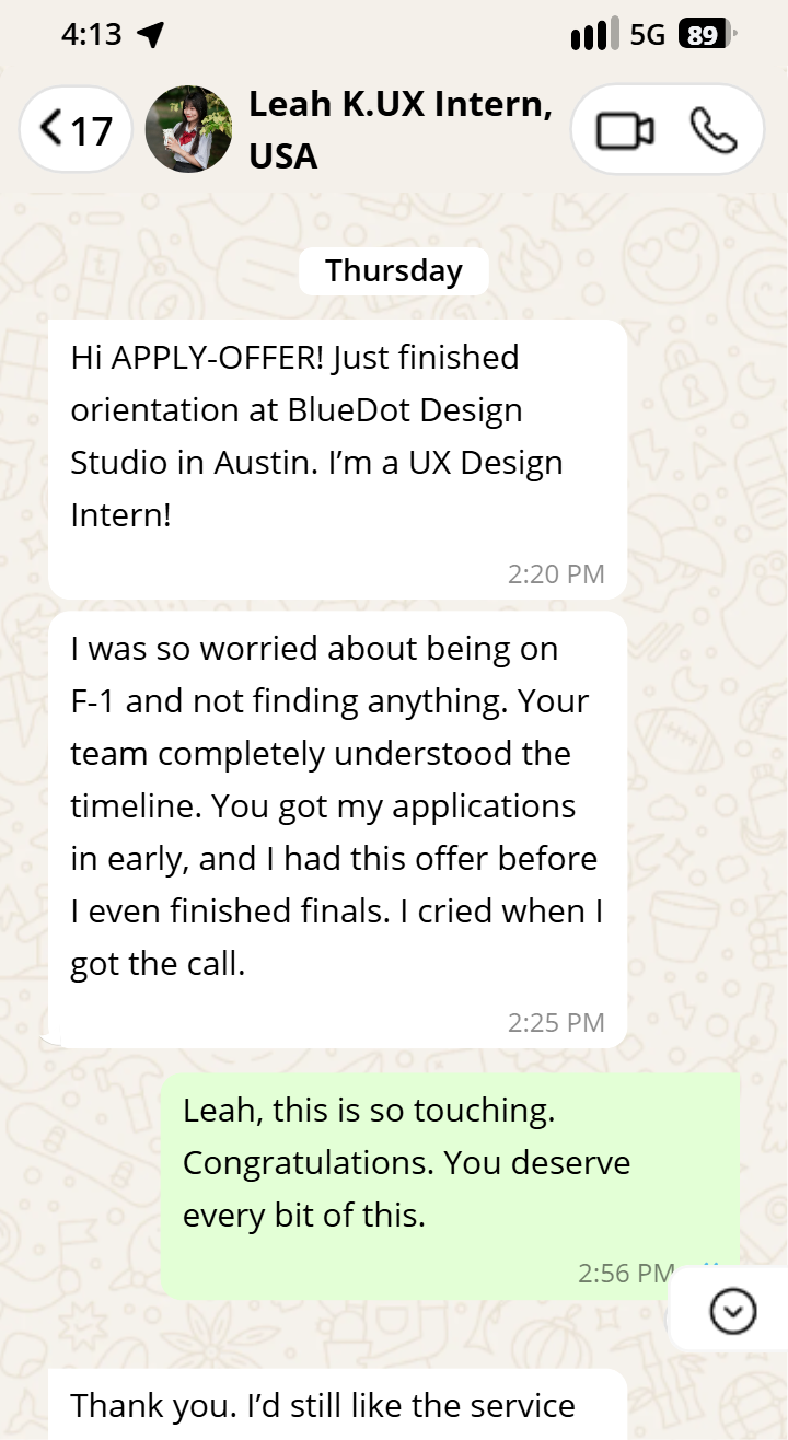 Leah testimonial on WhatsApp