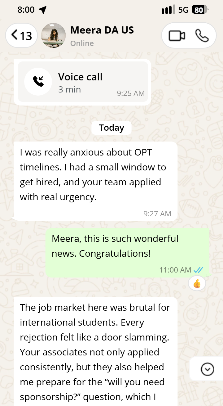 Meera testimonial on WhatsApp