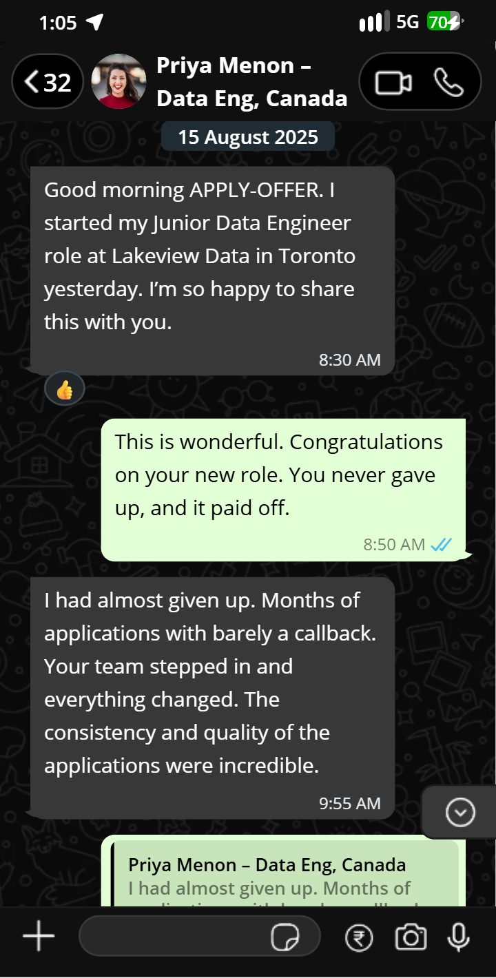 Priya Menon testimonial on WhatsApp